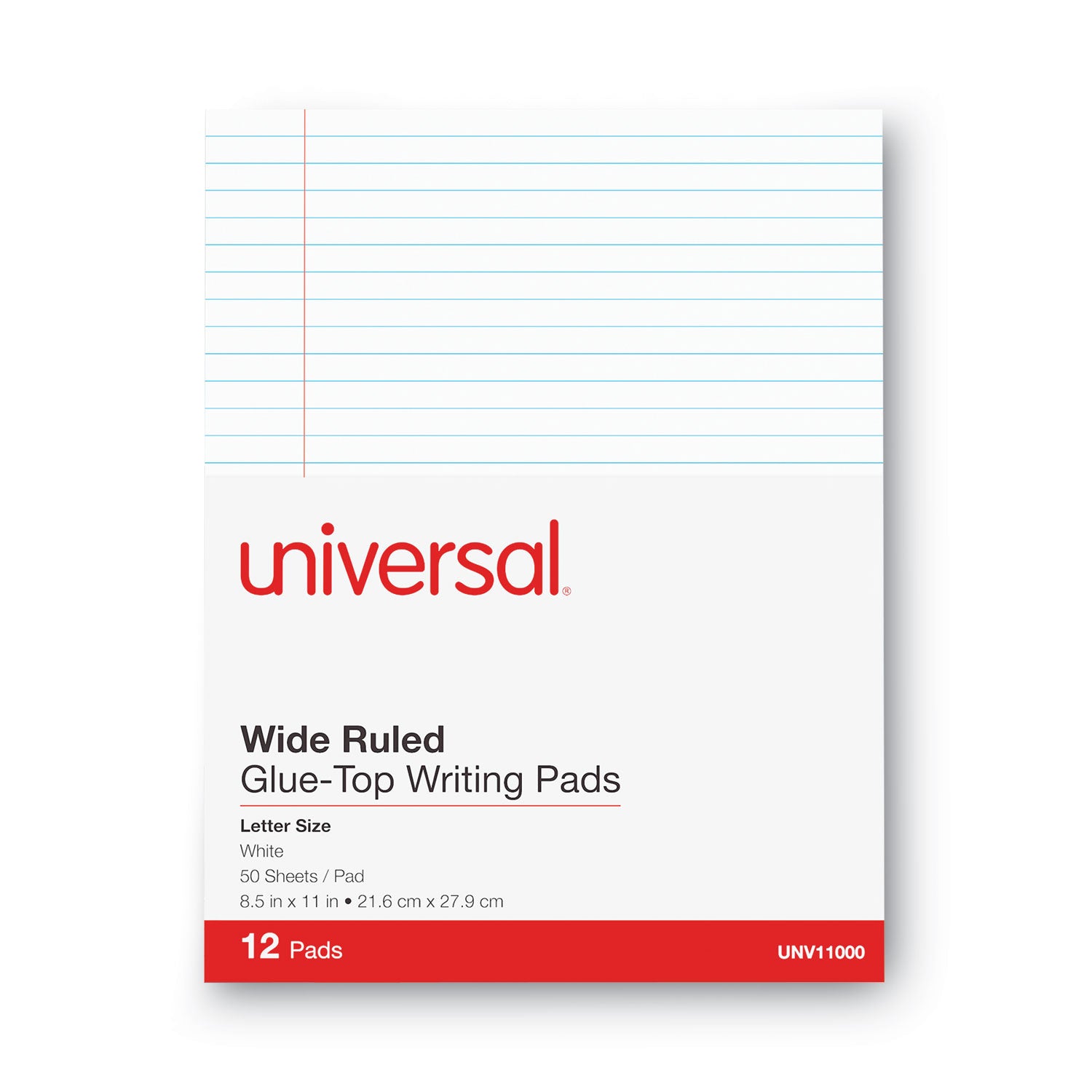 Glue Top Pads, Wide/Legal Rule, 50 White 8.5 x 11 Sheets, Dozen - 