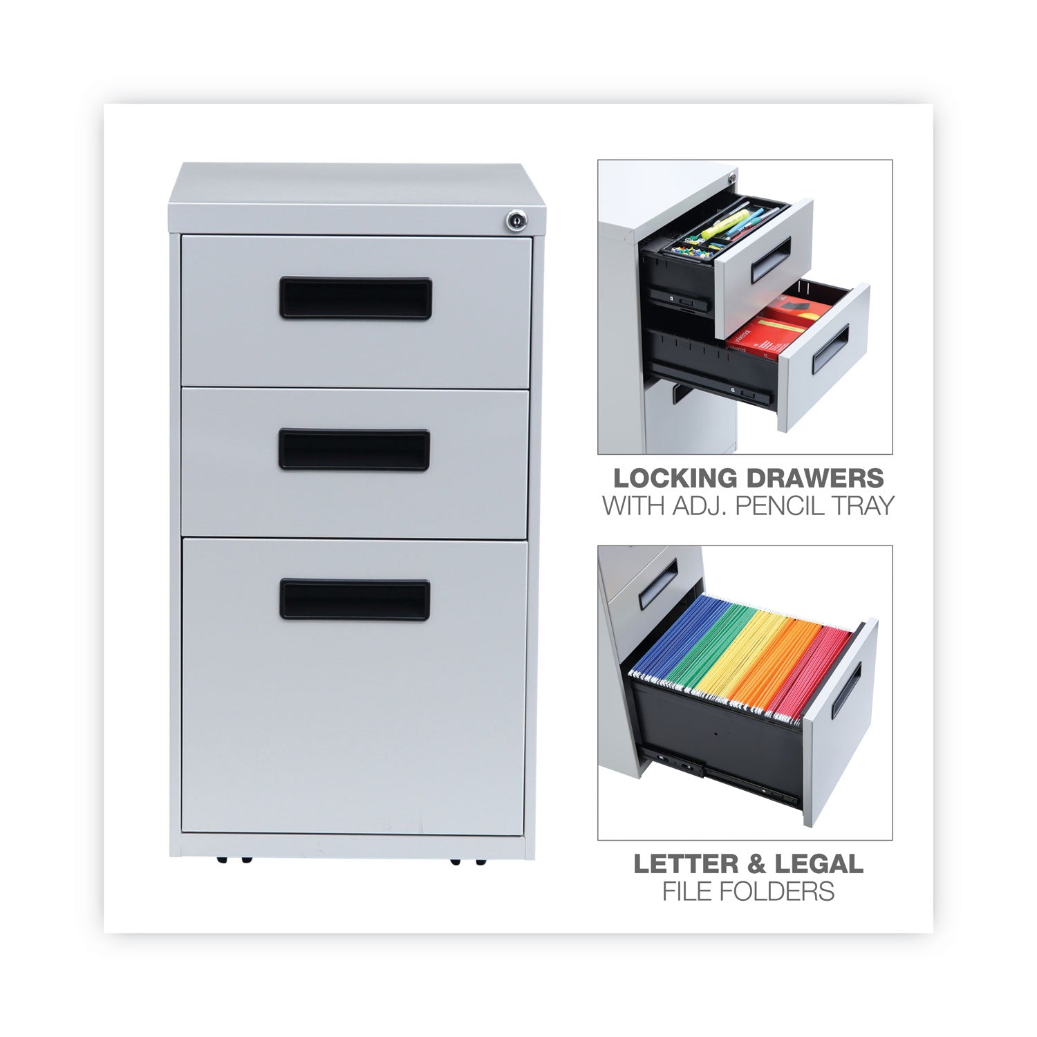 File Pedestal, Left or Right, 3-Drawers: Box/Box/File, Legal/Letter, Light Gray, 14.96" x 19.29" x 27.75