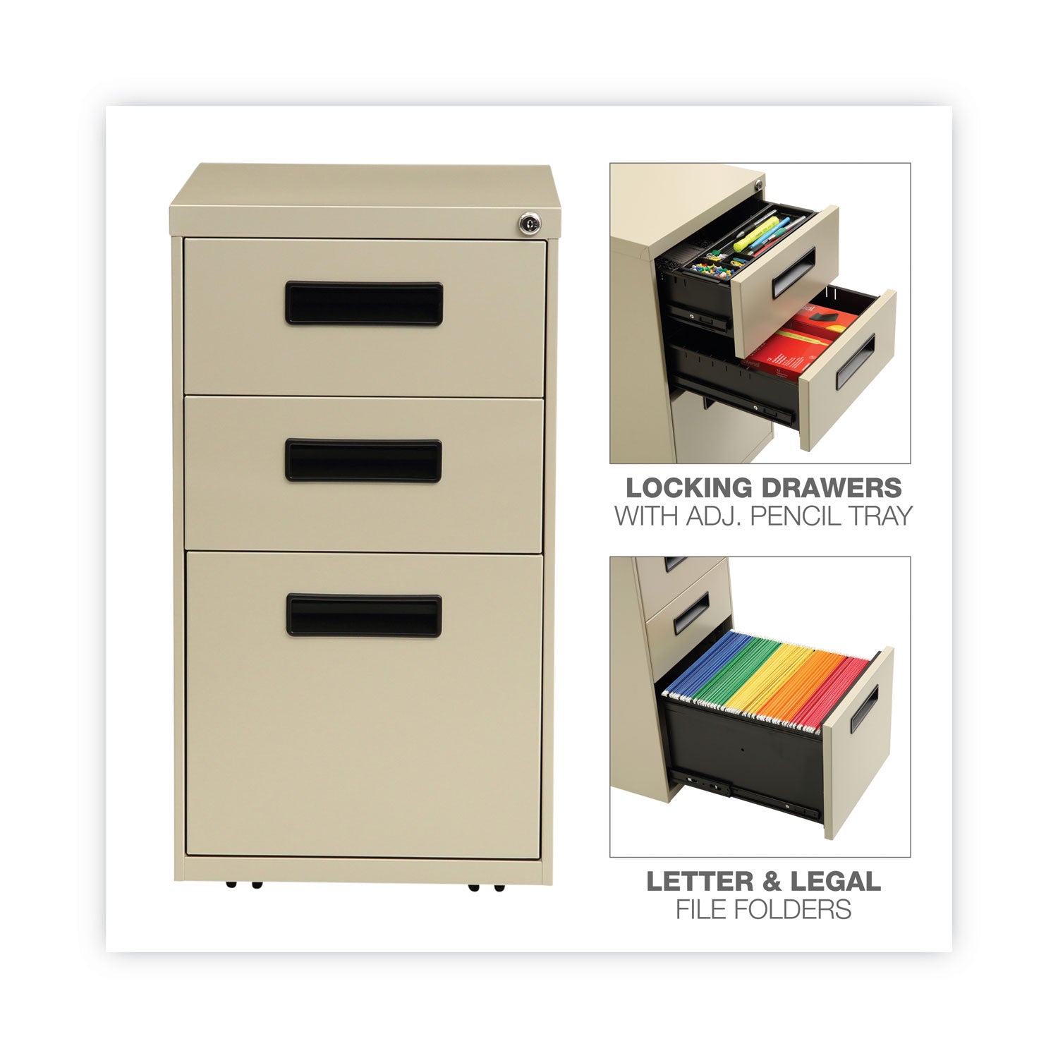 File Pedestal, Left or Right, 3-Drawers: Box/Box/File, Legal/Letter, Putty, 14.96" x 19.29" x 27.75