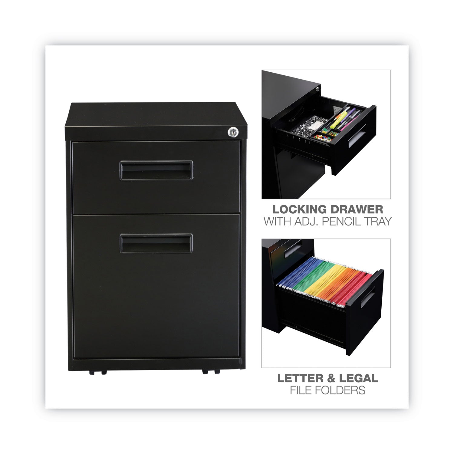 File Pedestal, Left or Right, 2-Drawers: Box/File, Legal/Letter, Black, 14.96" x 19.29" x 21.65