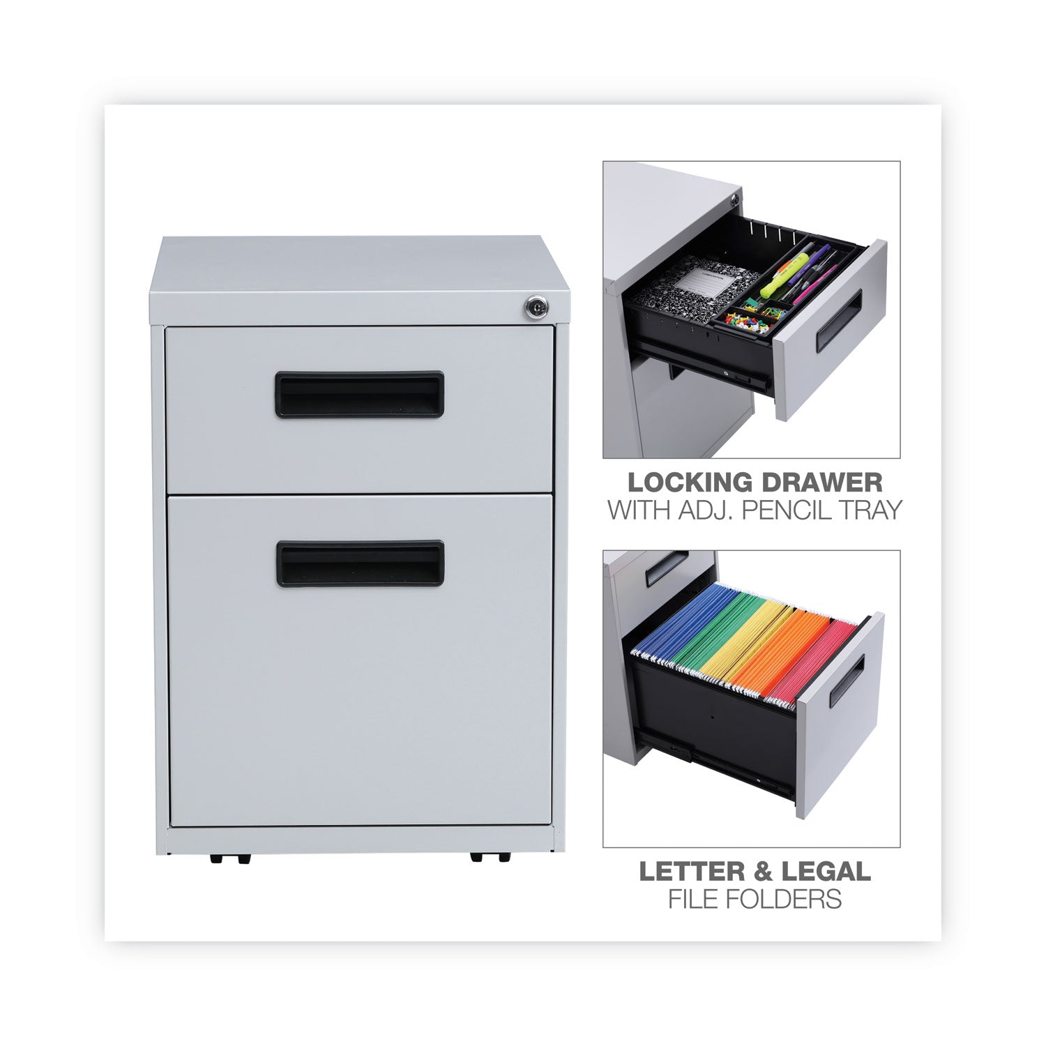 File Pedestal, Left or Right, 2-Drawers: Box/File, Legal/Letter, Light Gray, 14.96" x 19.29" x 21.65