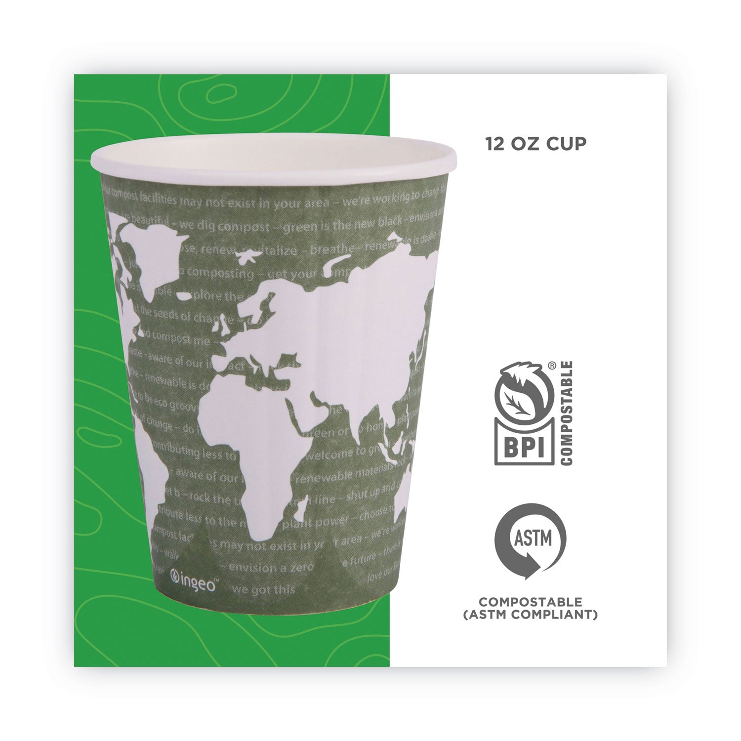 World Art Renewable and Compostable Insulated Hot Cups, PLA, 12 oz, 40/Packs, 15 Packs/Carton
