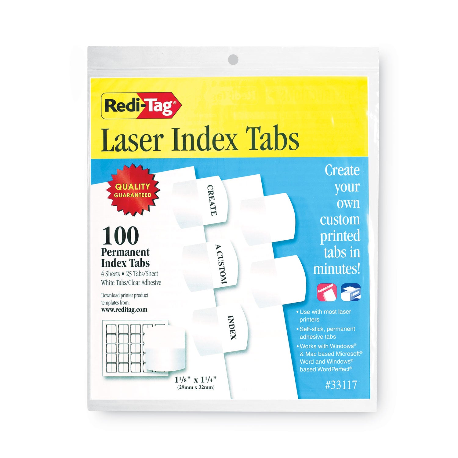 Laser Printable Index Tabs, 1/5-Cut, White, 1.13" Wide, 100/Pack - 