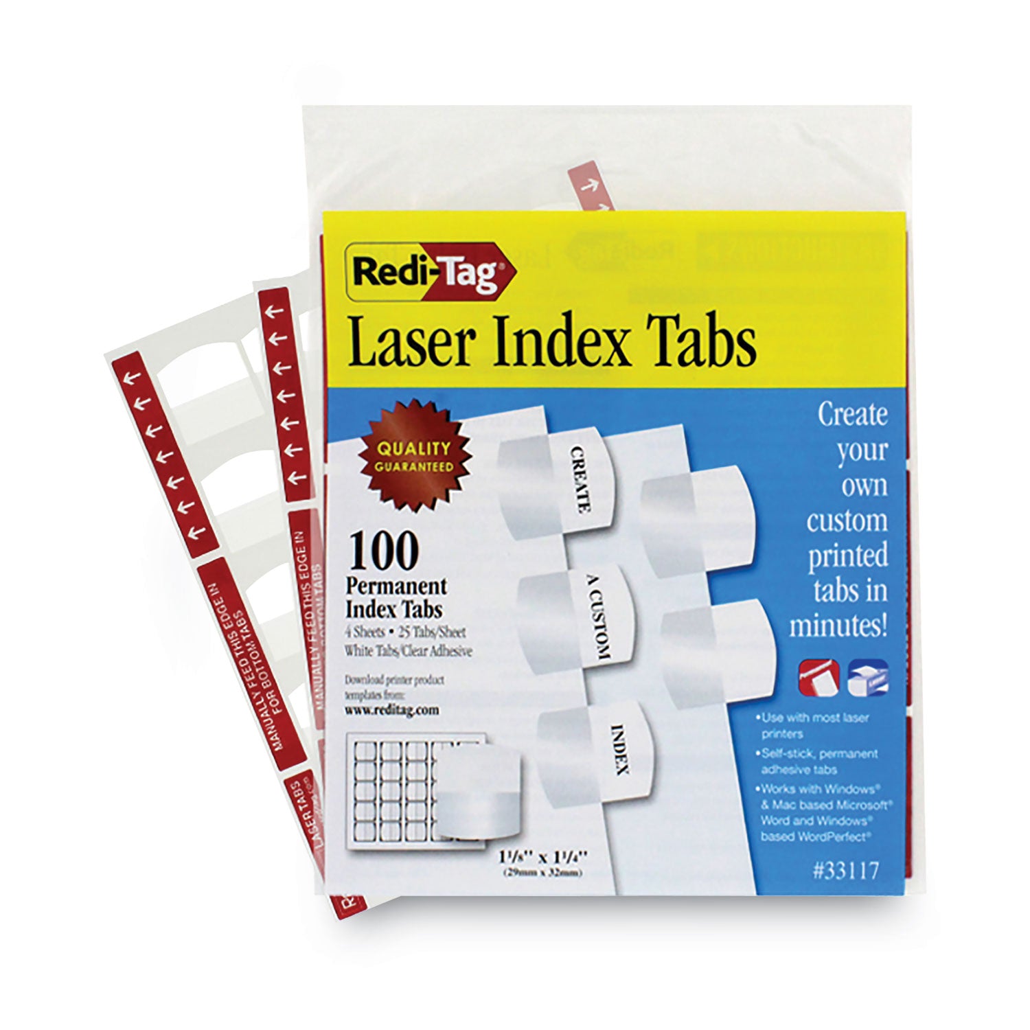 Laser Printable Index Tabs, 1/5-Cut, White, 1.13" Wide, 100/Pack - 