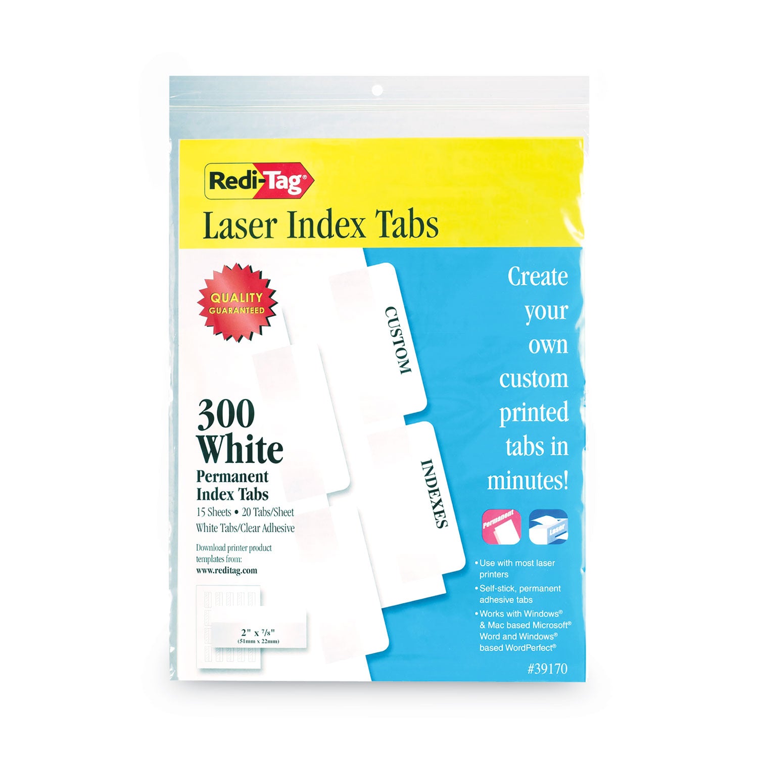 Laser Printable Index Tabs, 1/5-Cut, White, 2" Wide, 300/Pack - 