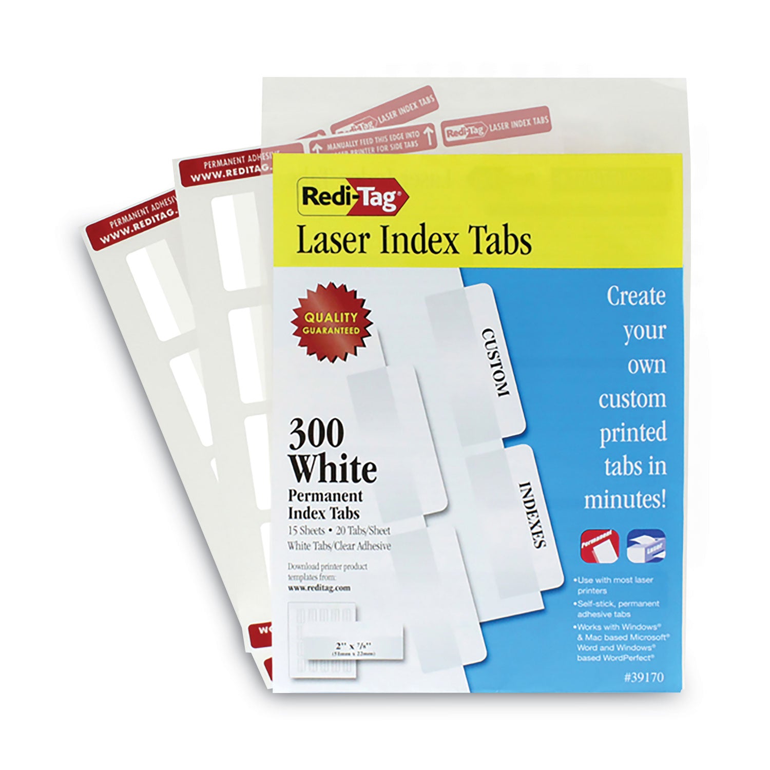 Laser Printable Index Tabs, 1/5-Cut, White, 2" Wide, 300/Pack - 