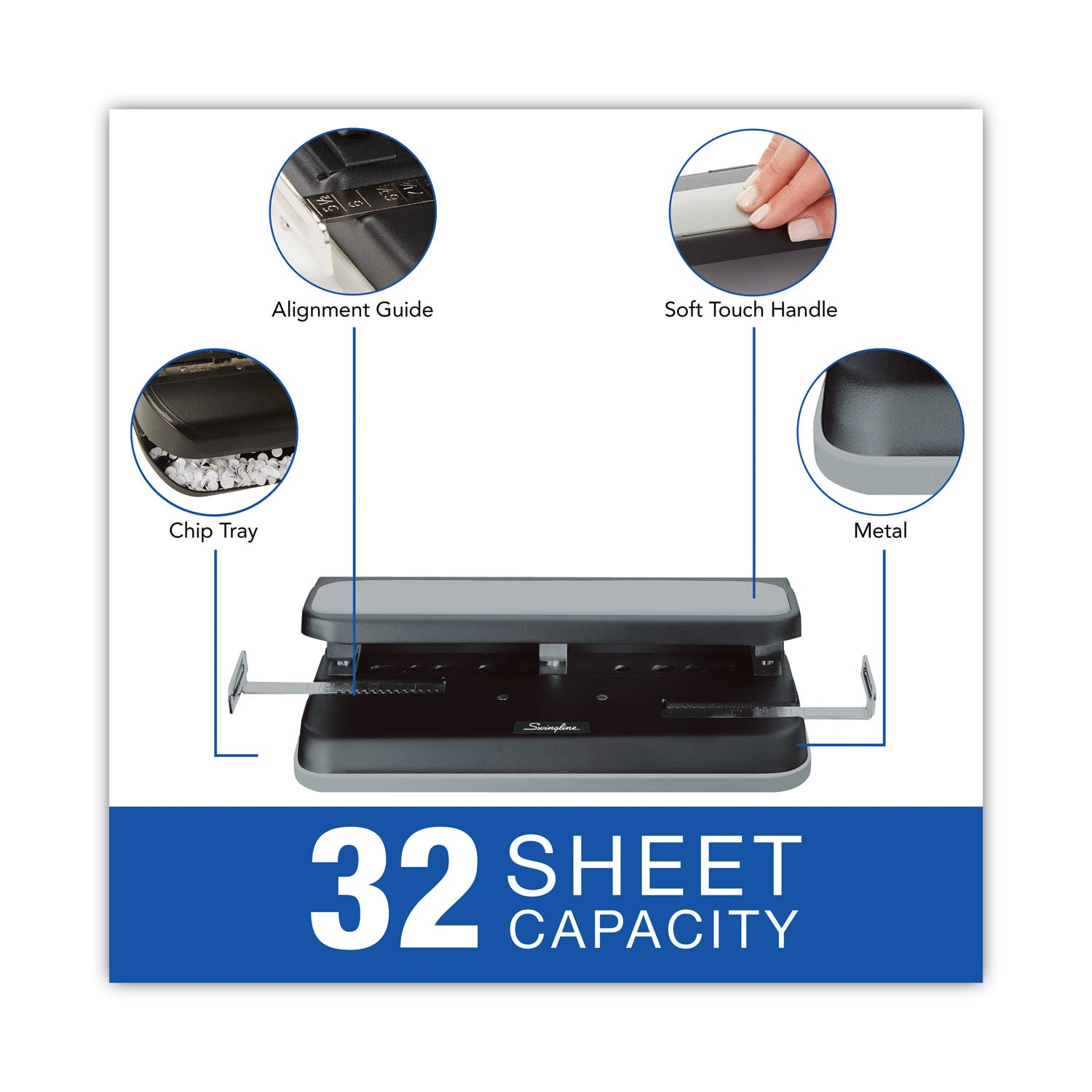 32-Sheet Easy Touch Two- to Three-Hole Punch with Cintamatic Centering, 9/32" Holes, Black/Gray - 