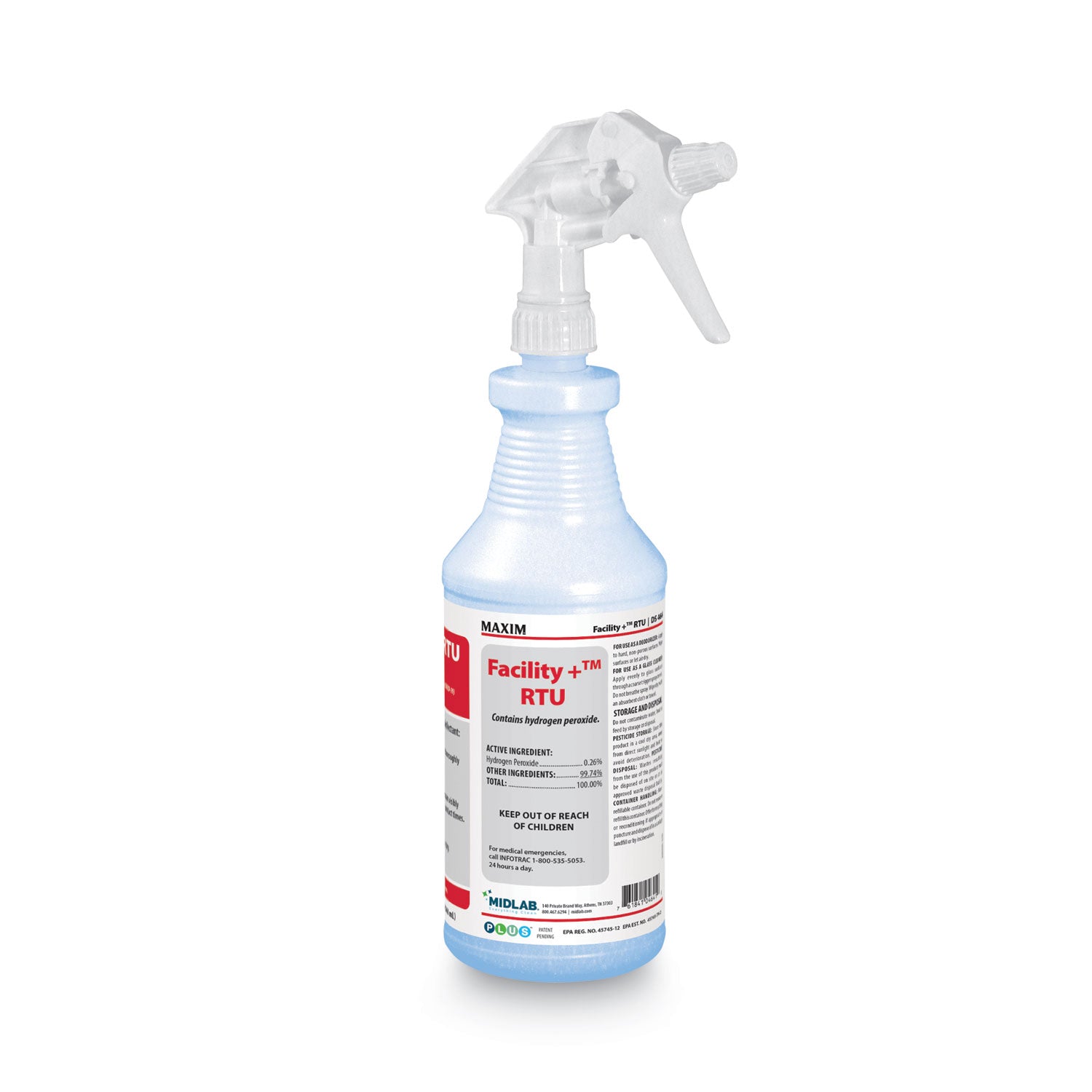 Facility+ RTU Disinfectant, Safe-to-Ship, Unscented, 32 oz, 6/Carton