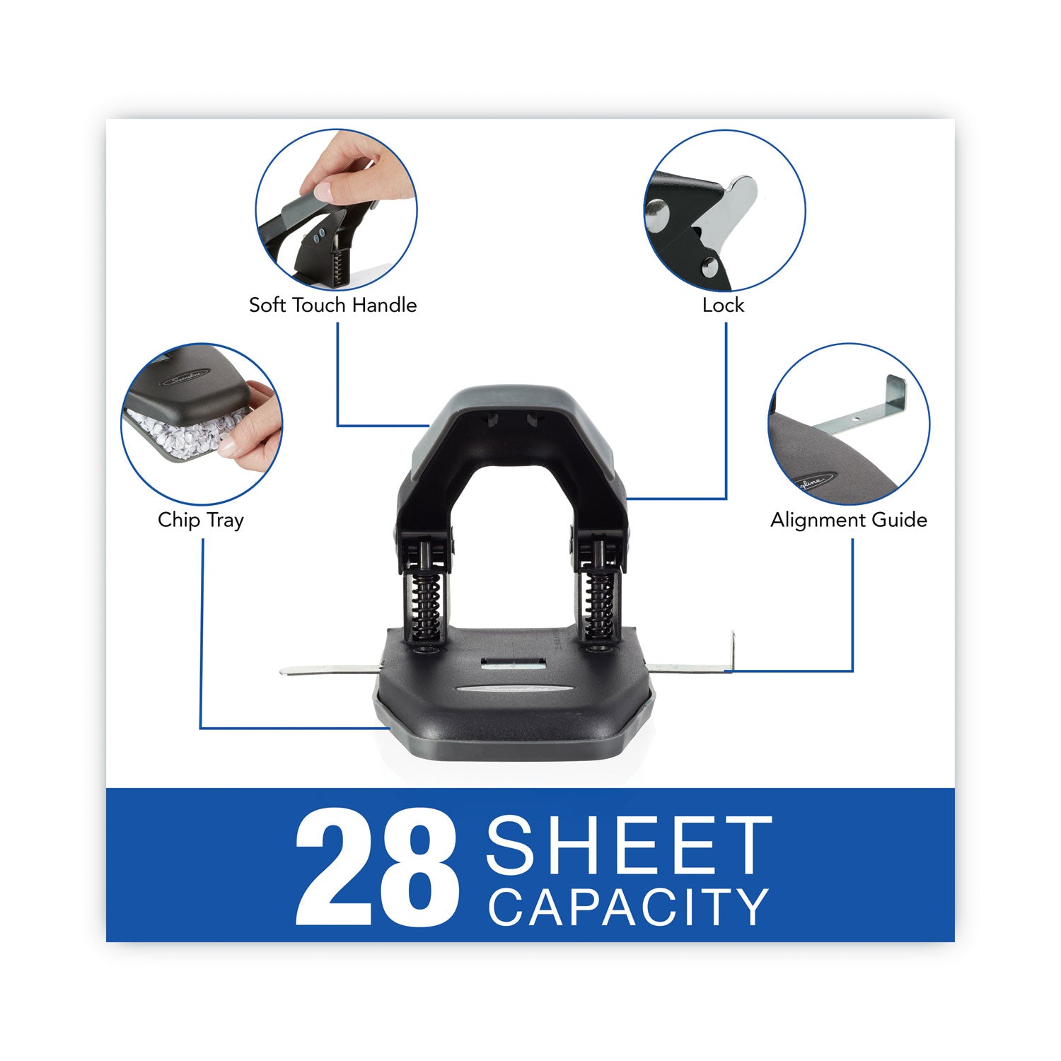 28-Sheet Comfort Handle Steel Two-Hole Punch, 1/4" Holes, Black/Gray - 