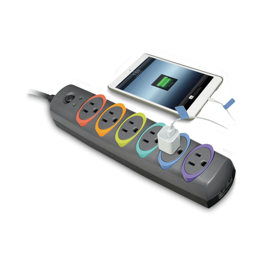 SmartSockets Color-Coded Strip Surge Protector, 6 AC Outlets, 8 ft Cord, 1,260 J, Black - 