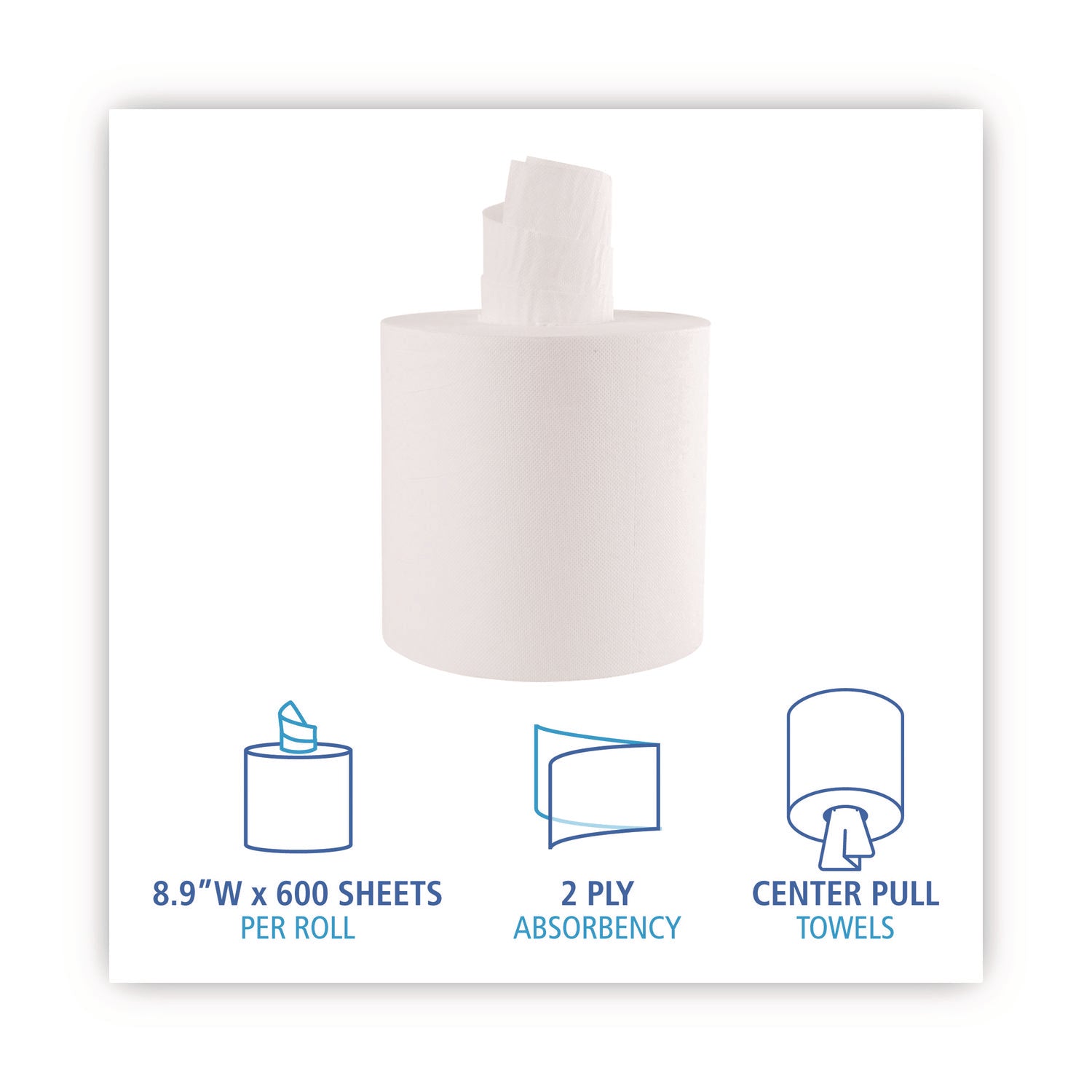 Center-Pull Roll Towels, 2-Ply, 7.6 x 8.9, White, 600/Roll, 6/Carton
