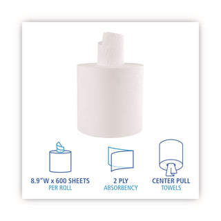 Center-Pull Roll Towels, 2-Ply, 7.6 x 8.9, White, 600/Roll, 6/Carton