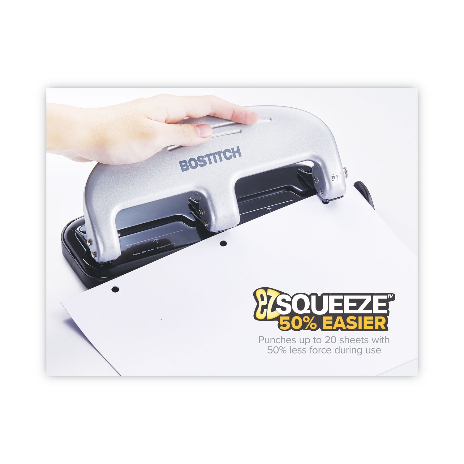 20-Sheet EZ Squeeze Three-Hole Punch, 9/32" Holes, Black/Silver - 