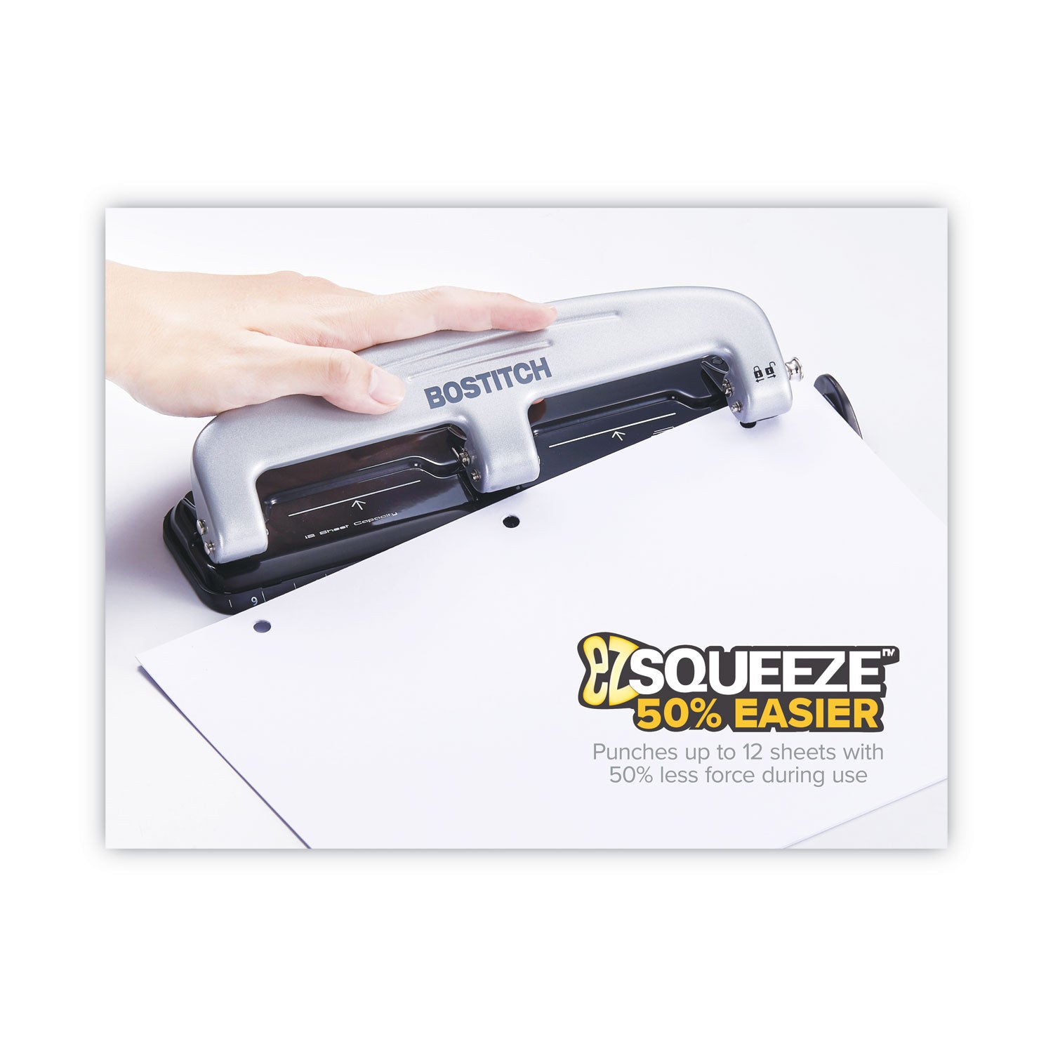 12-Sheet EZ Squeeze Three-Hole Punch, 9/32" Holes, Black/Silver