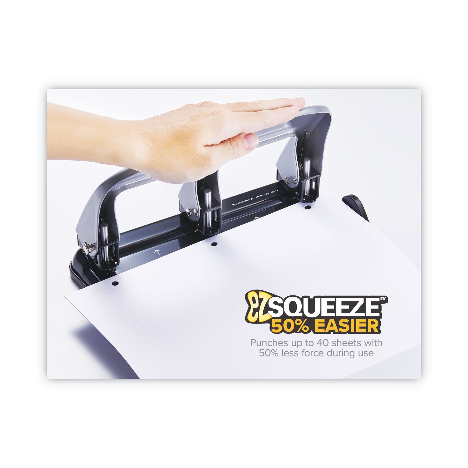 40-Sheet EZ Squeeze Three-Hole Punch, 9/32" Holes, Black/Silver - 