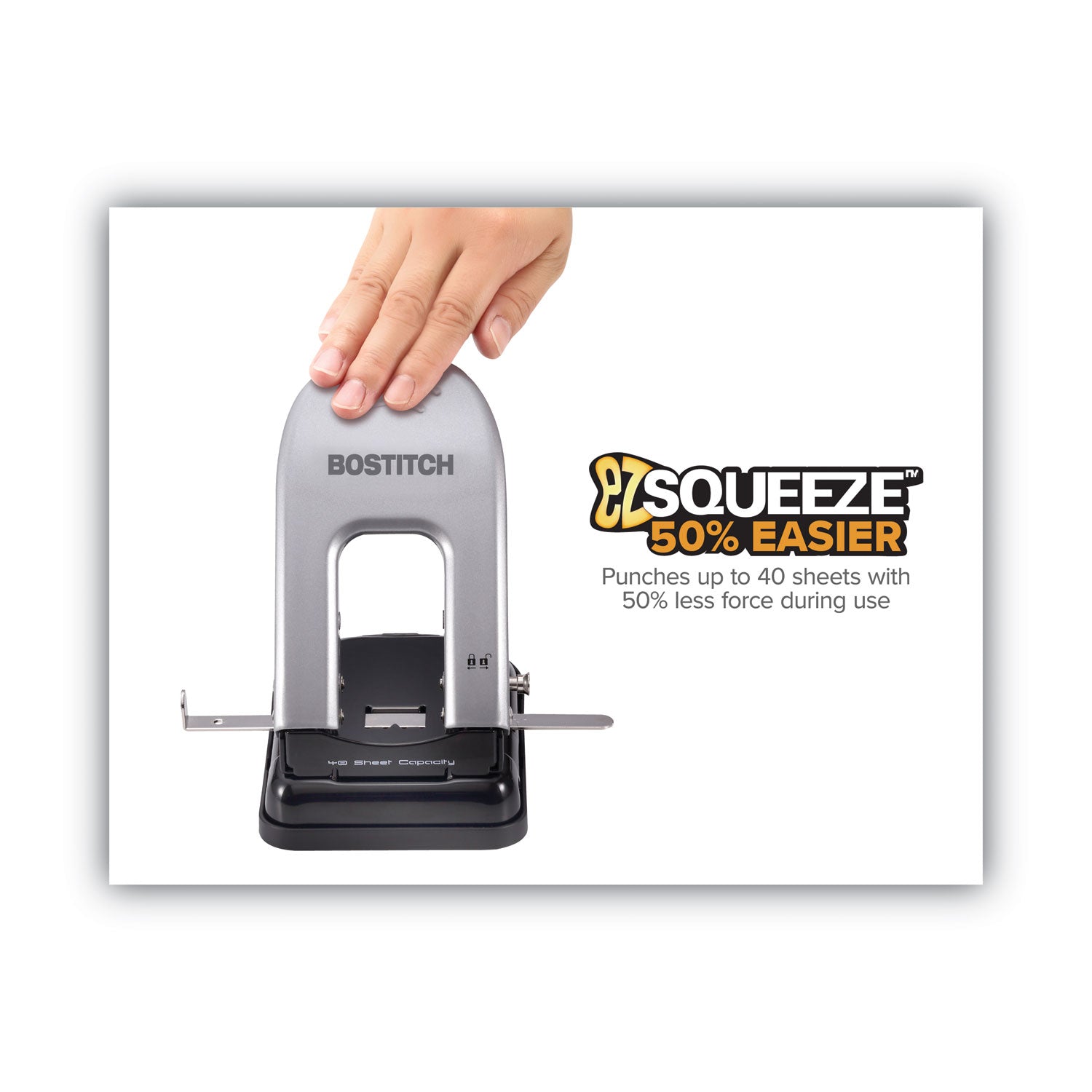 40-Sheet EZ Squeeze Two-Hole Punch, 9/32" Holes, Black/Silver