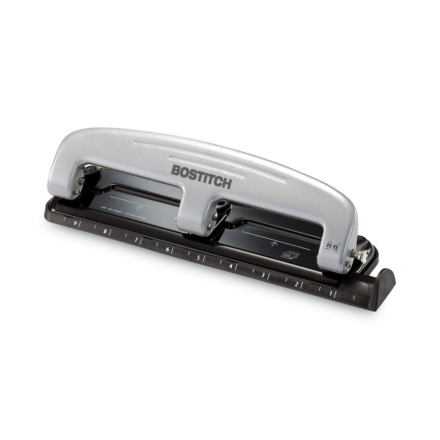 12-Sheet EZ Squeeze Three-Hole Punch, 9/32" Holes, Black/Silver - 