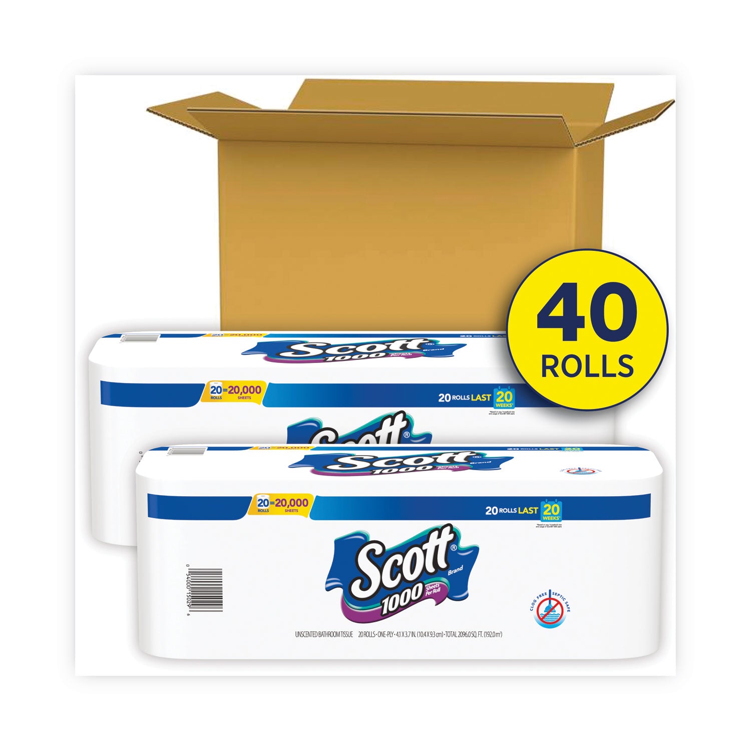 1000 Bathroom Tissue, Septic Safe, 1-Ply, White, 1,000 Sheet/Roll, 20/Pack