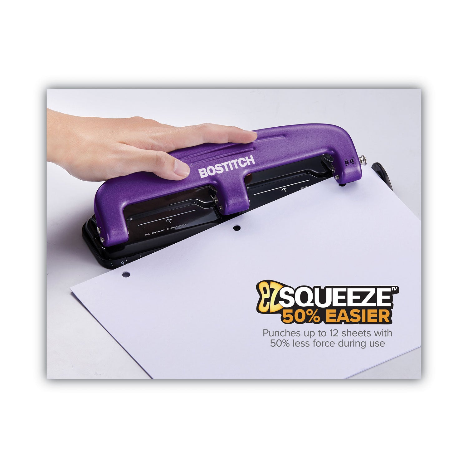 12-Sheet EZ Squeeze Three-Hole Punch, 9/32" Holes, Purple/Black - 