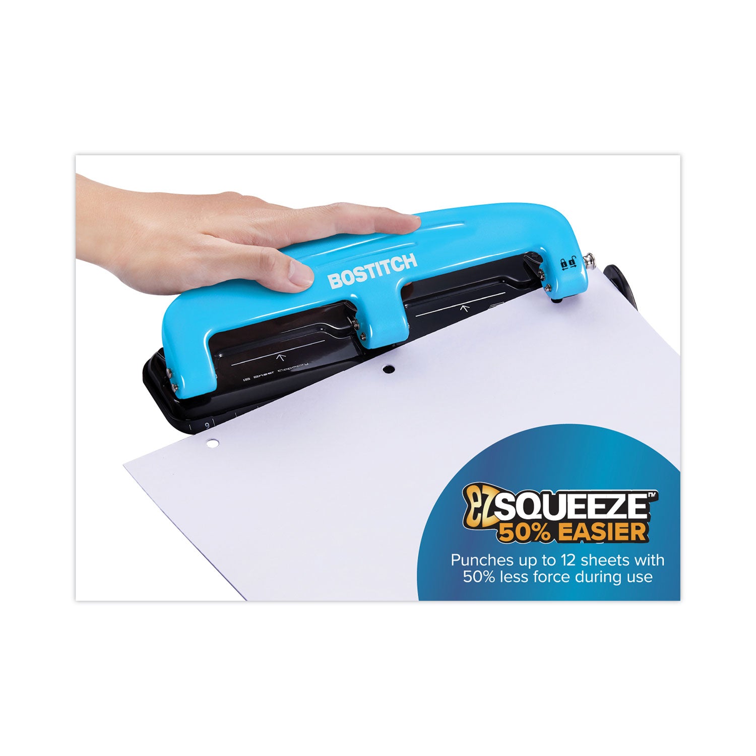 12-Sheet EZ Squeeze Three-Hole Punch, 9/32" Holes, Blue/Black - 