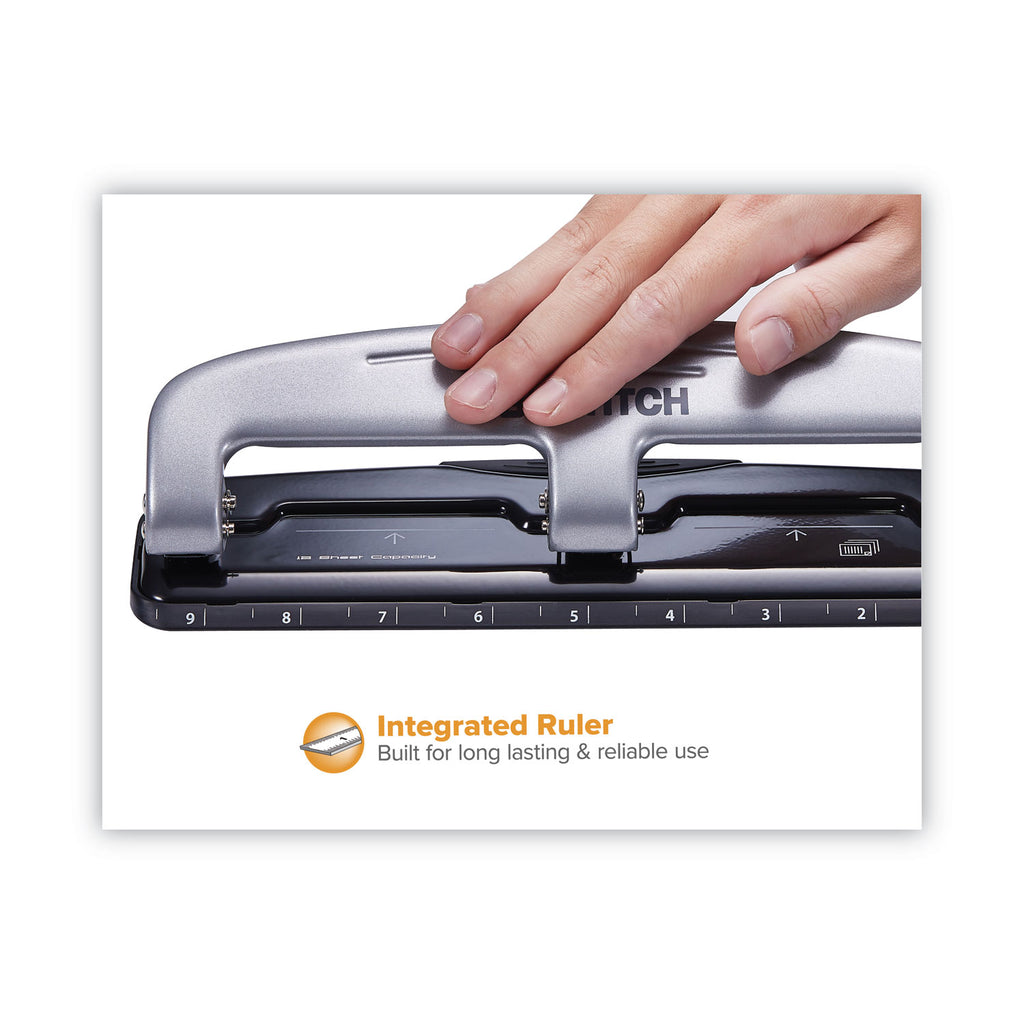 12-Sheet EZ Squeeze Three-Hole Punch, 9/32" Holes, Black/Silver