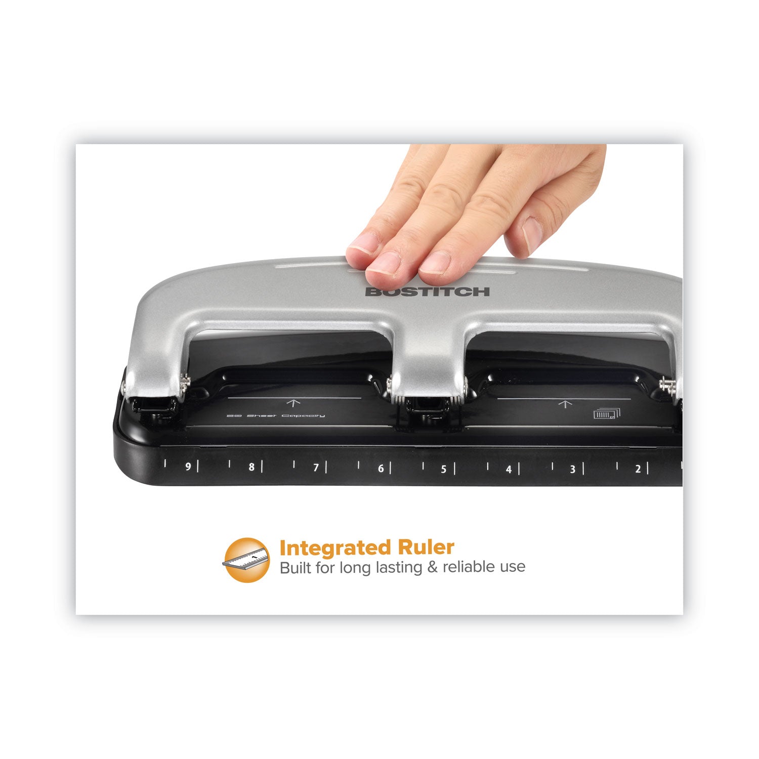 20-Sheet EZ Squeeze Three-Hole Punch, 9/32" Holes, Black/Silver - 