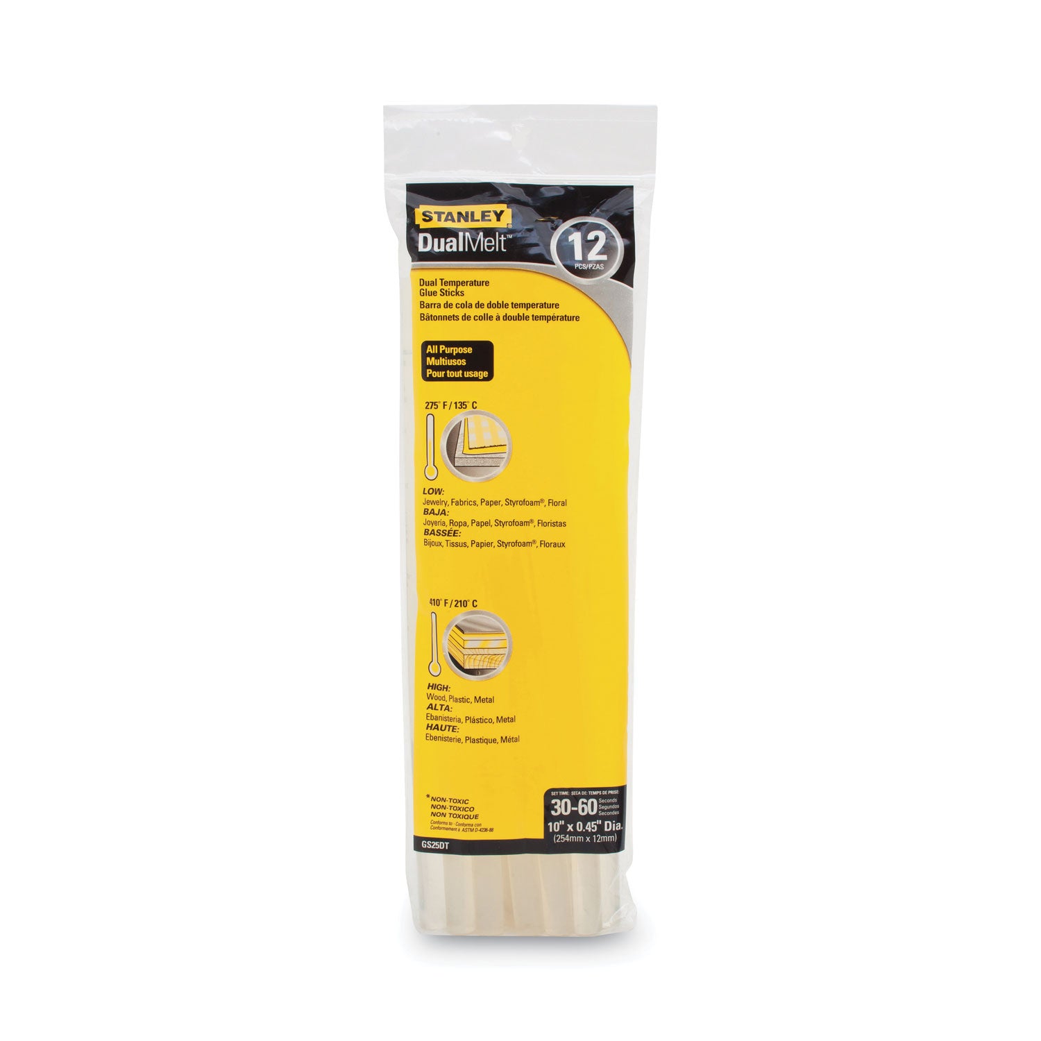 Dual Temperature 10" Glue Sticks, 0.45" x 10", Dries Clear, 12/Pack - 