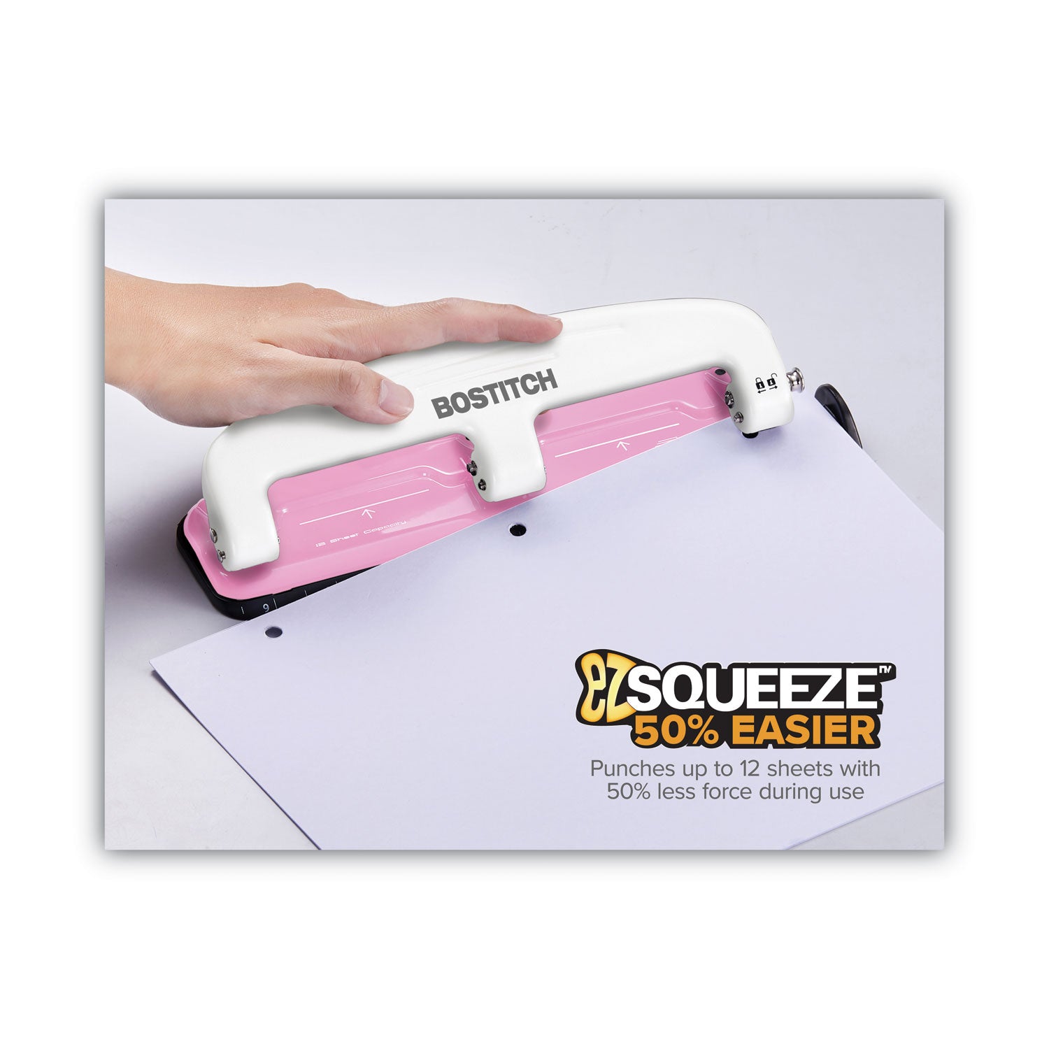 12-Sheet EZ Squeeze InCourage Three-Hole Punch, 9/32" Holes, Pink - 