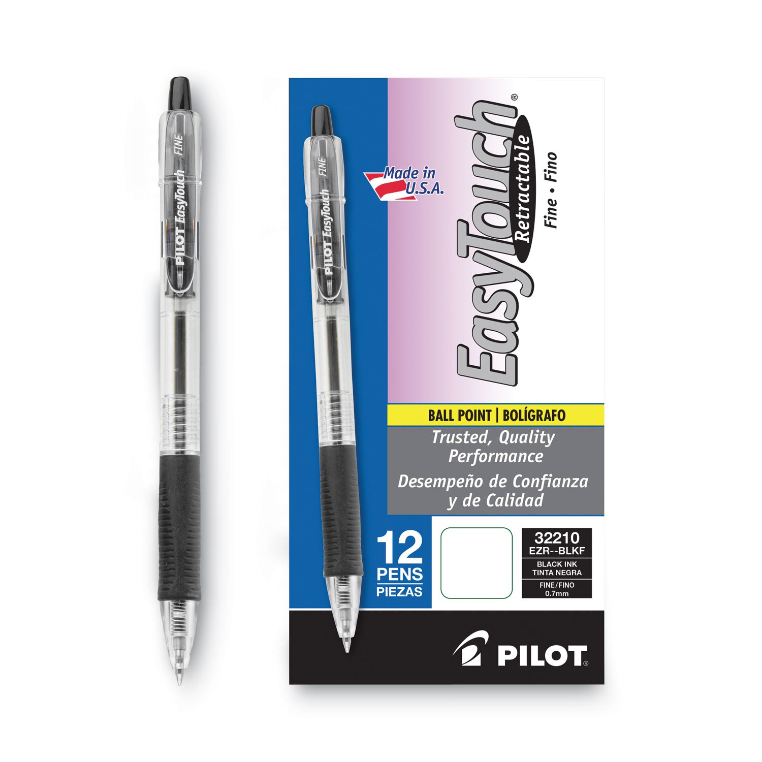 EasyTouch Ballpoint Pen, Retractable, Fine 0.7 mm, Black Ink, Clear Barrel, Dozen