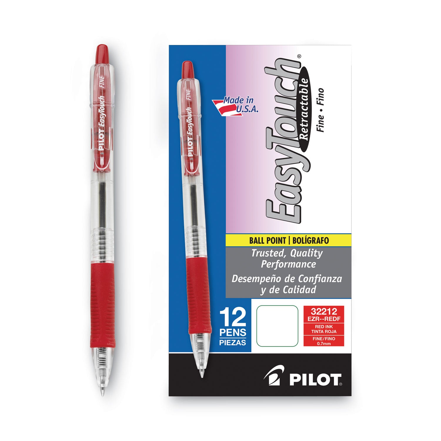 EasyTouch Ballpoint Pen, Retractable, Fine 0.7 mm, Red Ink, Clear Barrel, Dozen