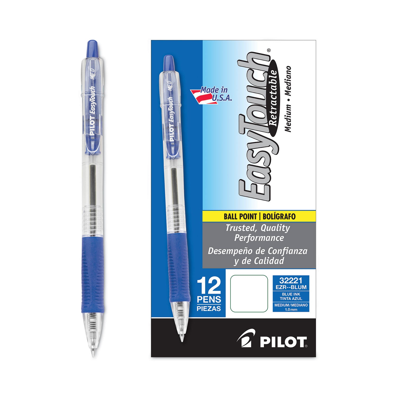 EasyTouch Ballpoint Pen, Retractable, Medium 1 mm, Blue Ink, Clear Barrel, Dozen