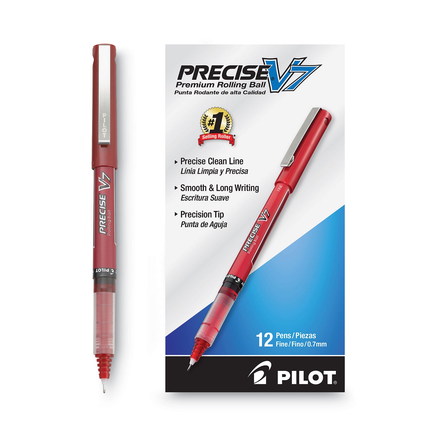 Precise V7 Roller Ball Pen, Stick, Fine 0.7 mm, Red Ink, Red/Clear Barrel, Dozen
