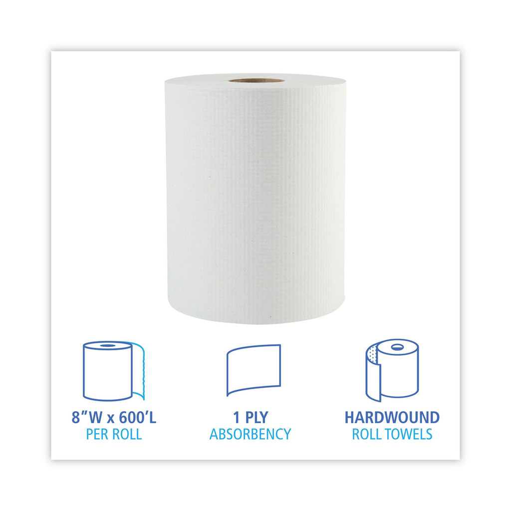 Hardwound Paper Towels, 1-Ply, 8" x 600 ft, White, 2" Core, 12 Rolls/Carton