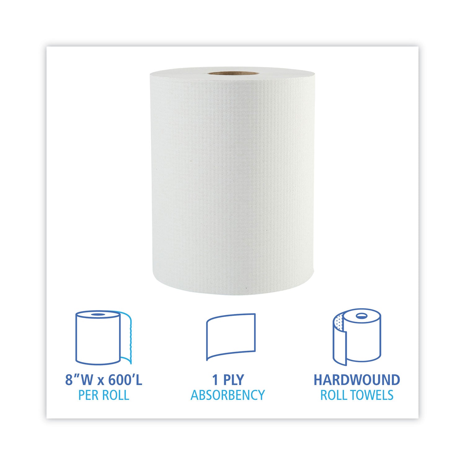 Hardwound Paper Towels, 1-Ply, 8" x 600 ft, White, 2" Core, 12 Rolls/Carton