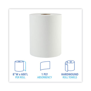 Hardwound Paper Towels, 1-Ply, 8" x 600 ft, White, 2" Core, 12 Rolls/Carton