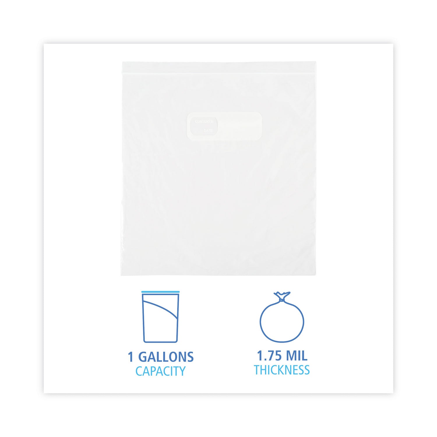 Reclosable Food Storage Bags, 1 gal, 1.75 mil, 10.5" x 11", Clear, 250/Box