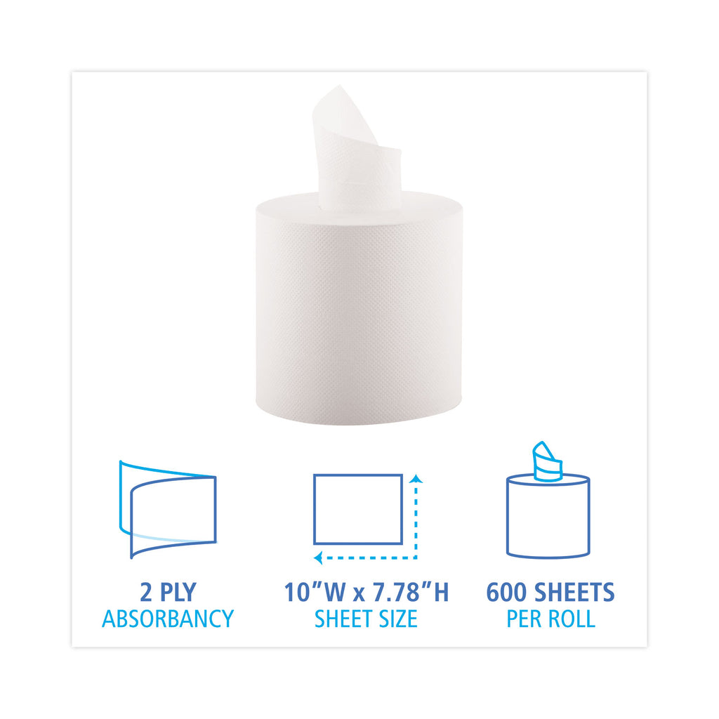 Center-Pull Hand Towels, 2-Ply, Perforated, 7.87 x 10, White, 600/Roll, 6 Rolls/Carton