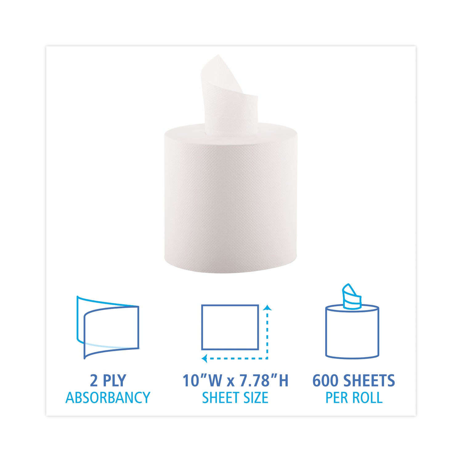 Center-Pull Hand Towels, 2-Ply, Perforated, 7.87 x 10, White, 600/Roll, 6 Rolls/Carton