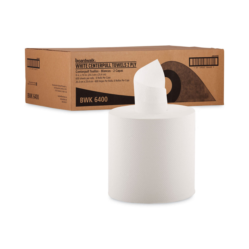 Center-Pull Hand Towels, 2-Ply, Perforated, 7.87 x 10, White, 600/Roll, 6 Rolls/Carton