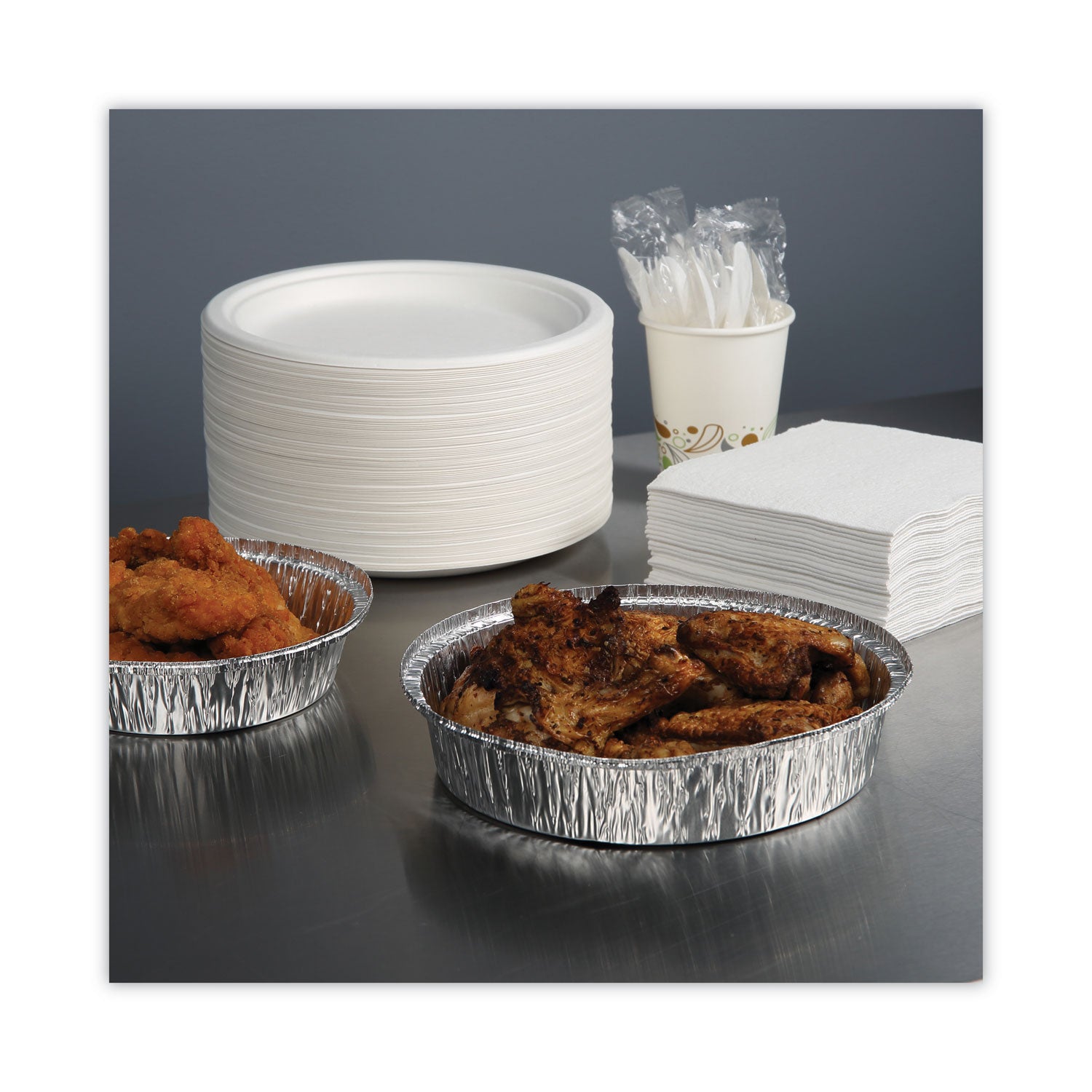 Round Aluminum To-Go Containers, 48 oz, 9" Diameter x 1.66"h, Silver, 500/Carton