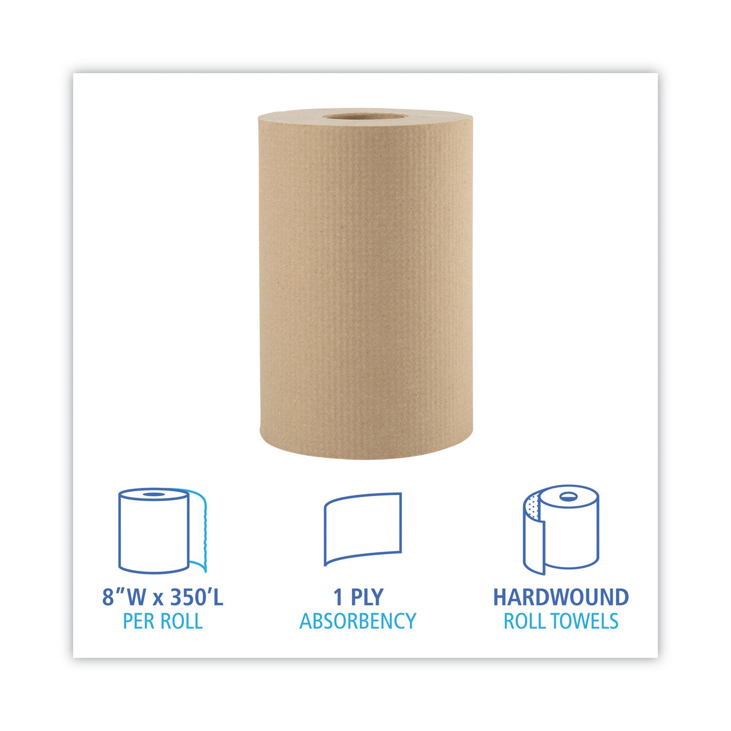 Hardwound Paper Towels, 1-Ply, 8" x 350 ft, Natural, 12 Rolls/Carton - 