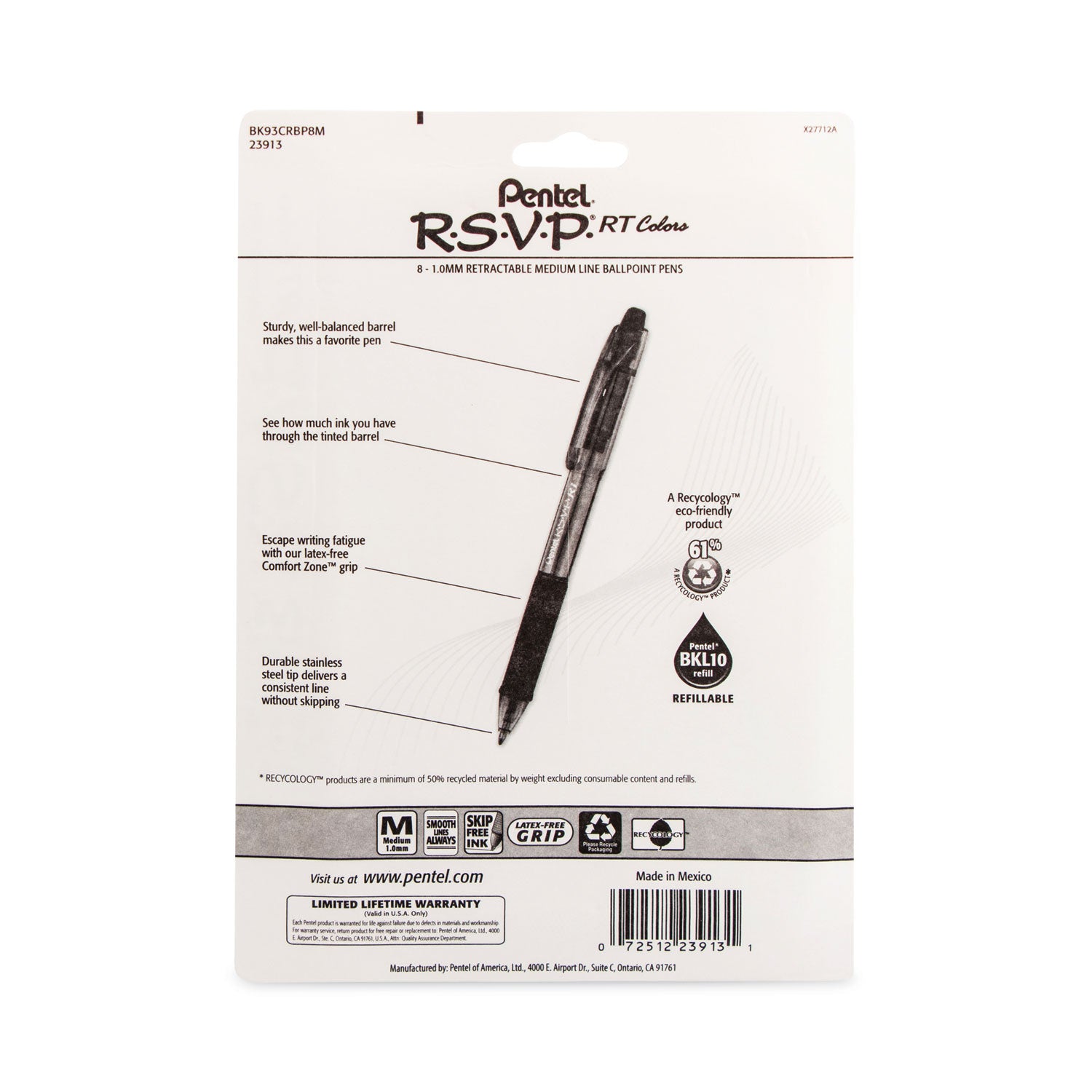 R.S.V.P. RT Ballpoint Pen, Retractable, Medium 1 mm, Assorted Ink Colors, Clear Barrel, 8/Pack
