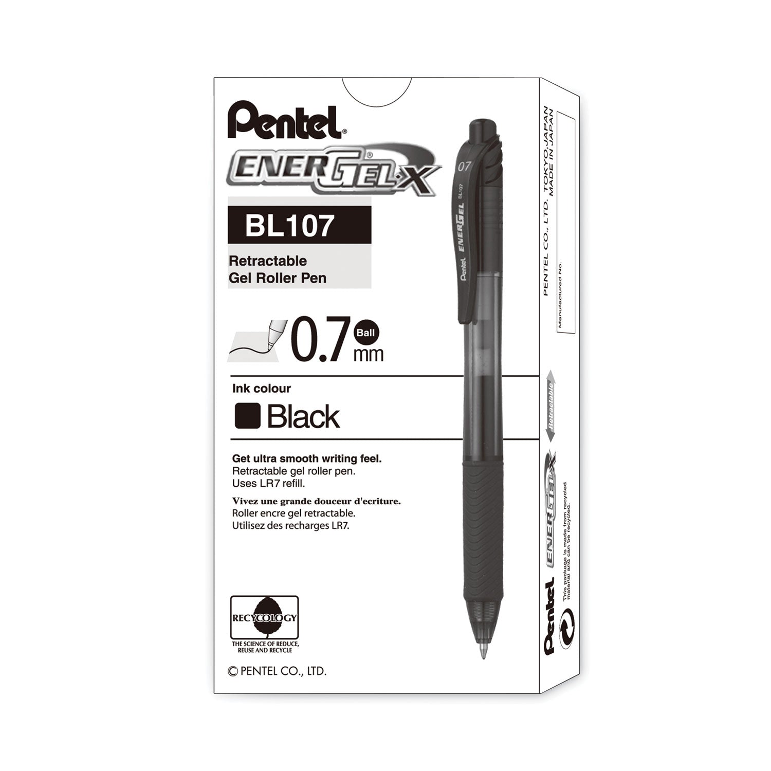 EnerGel-X Gel Pen, Retractable, Medium 0.7 mm, Black Ink, Smoke/Black Barrel, Dozen