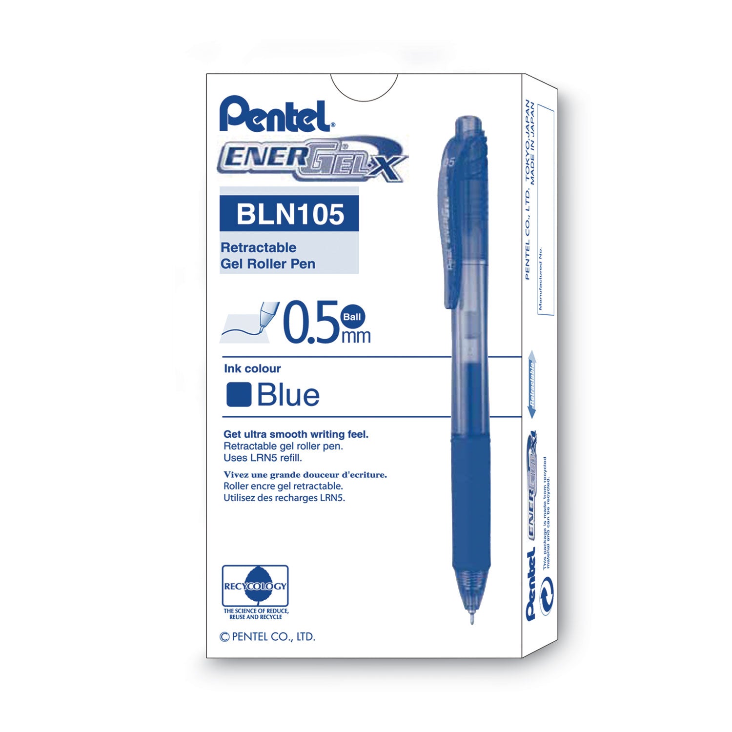 EnerGel-X Gel Pen, Retractable, Fine 0.5 mm Needle Tip, Blue Ink, Translucent Blue/Blue Barrel, Dozen - 