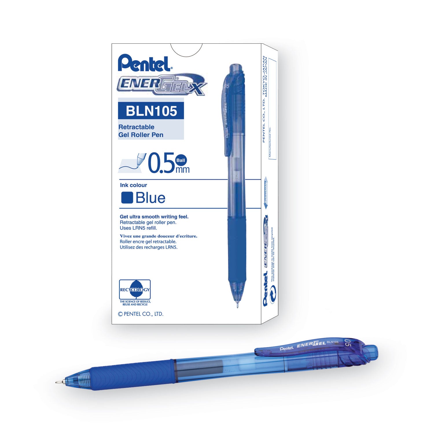 EnerGel-X Gel Pen, Retractable, Fine 0.5 mm Needle Tip, Blue Ink, Translucent Blue/Blue Barrel, Dozen - 