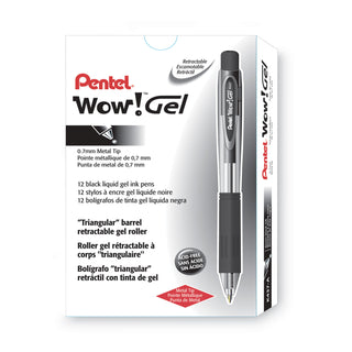 WOW! Gel Pen, Retractable, Medium 0.7 mm, Black Ink, Clear/Black Barrel, Dozen