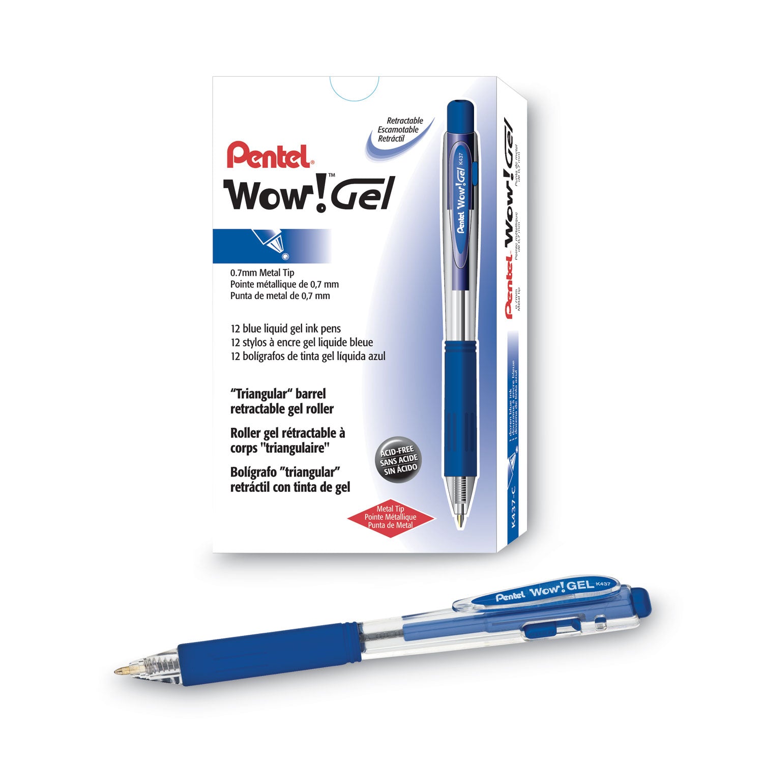WOW! Gel Pen, Retractable, Medium 0.7 mm, Blue Ink, Clear/Blue Barrel, Dozen