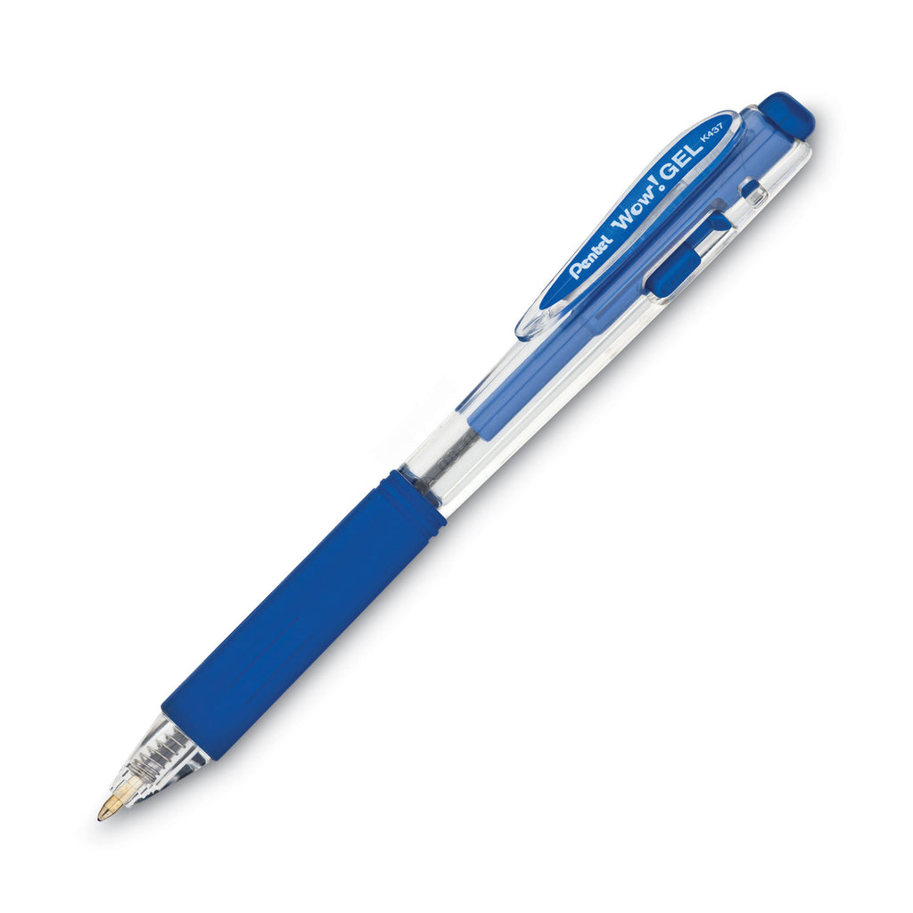 WOW! Gel Pen, Retractable, Medium 0.7 mm, Blue Ink, Clear/Blue Barrel, Dozen