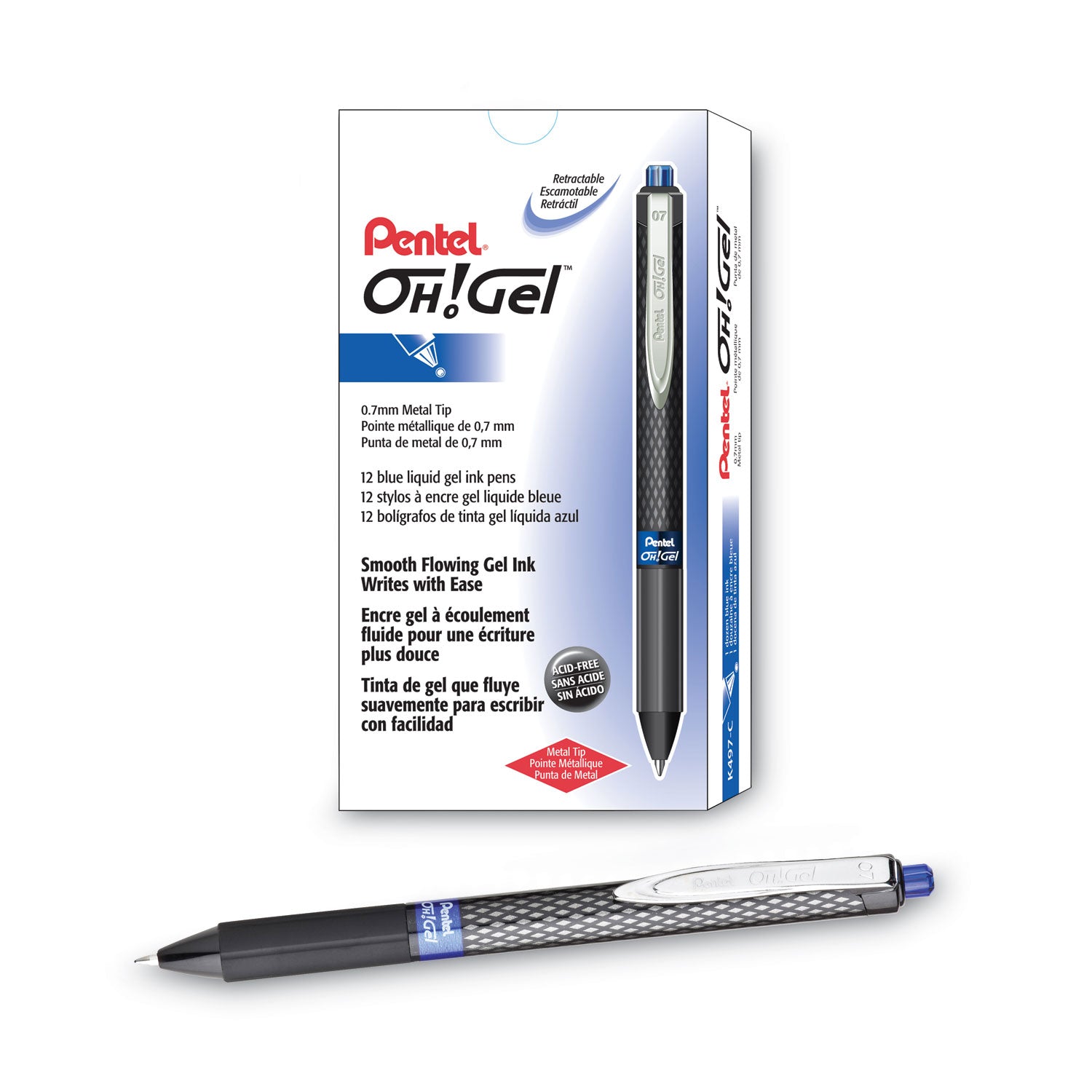 Oh! Gel Pen, Retractable, Medium 0.7 mm, Blue Ink, Black Barrel, Dozen