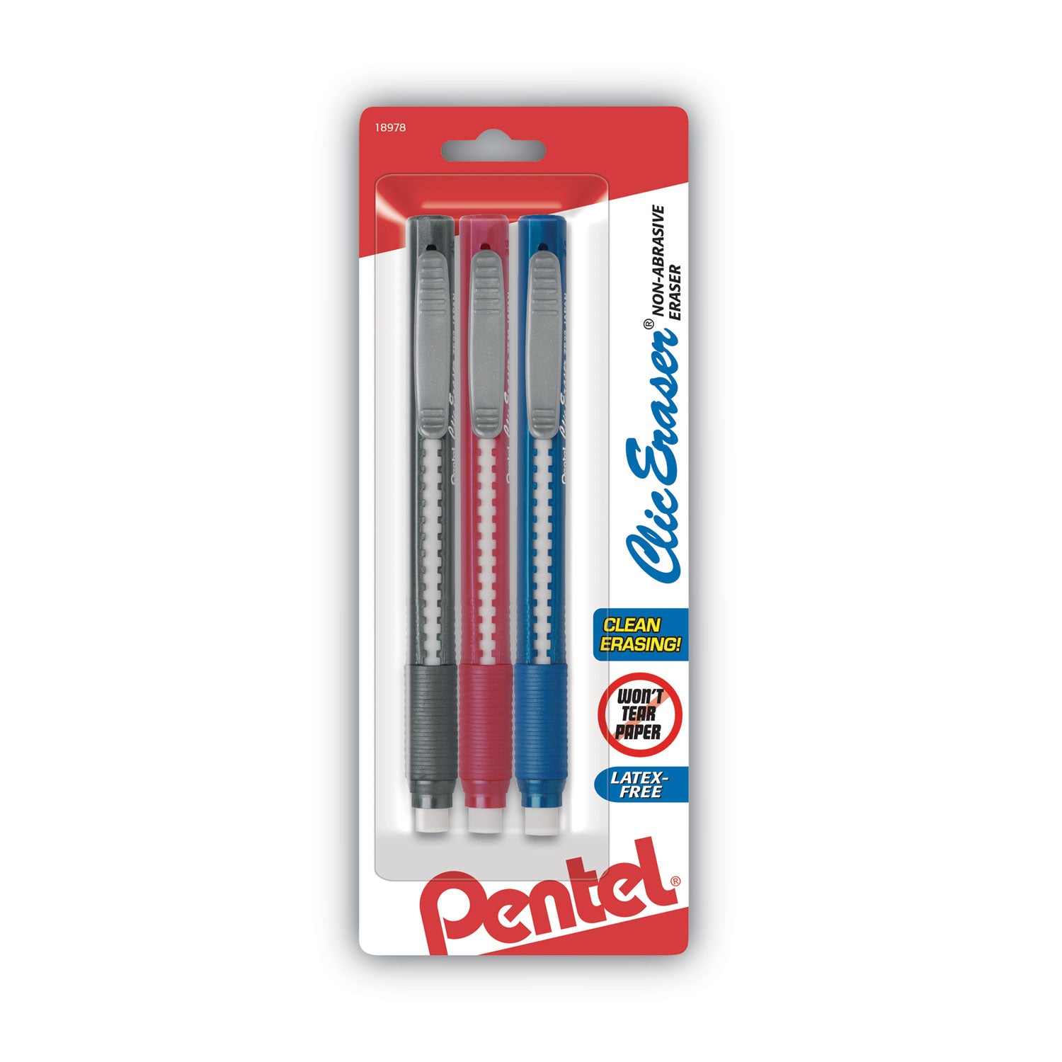 Clic Eraser Grip Eraser, For Pencil Marks, White Eraser, Randomly Assorted Barrel Color, 3/Pack - 